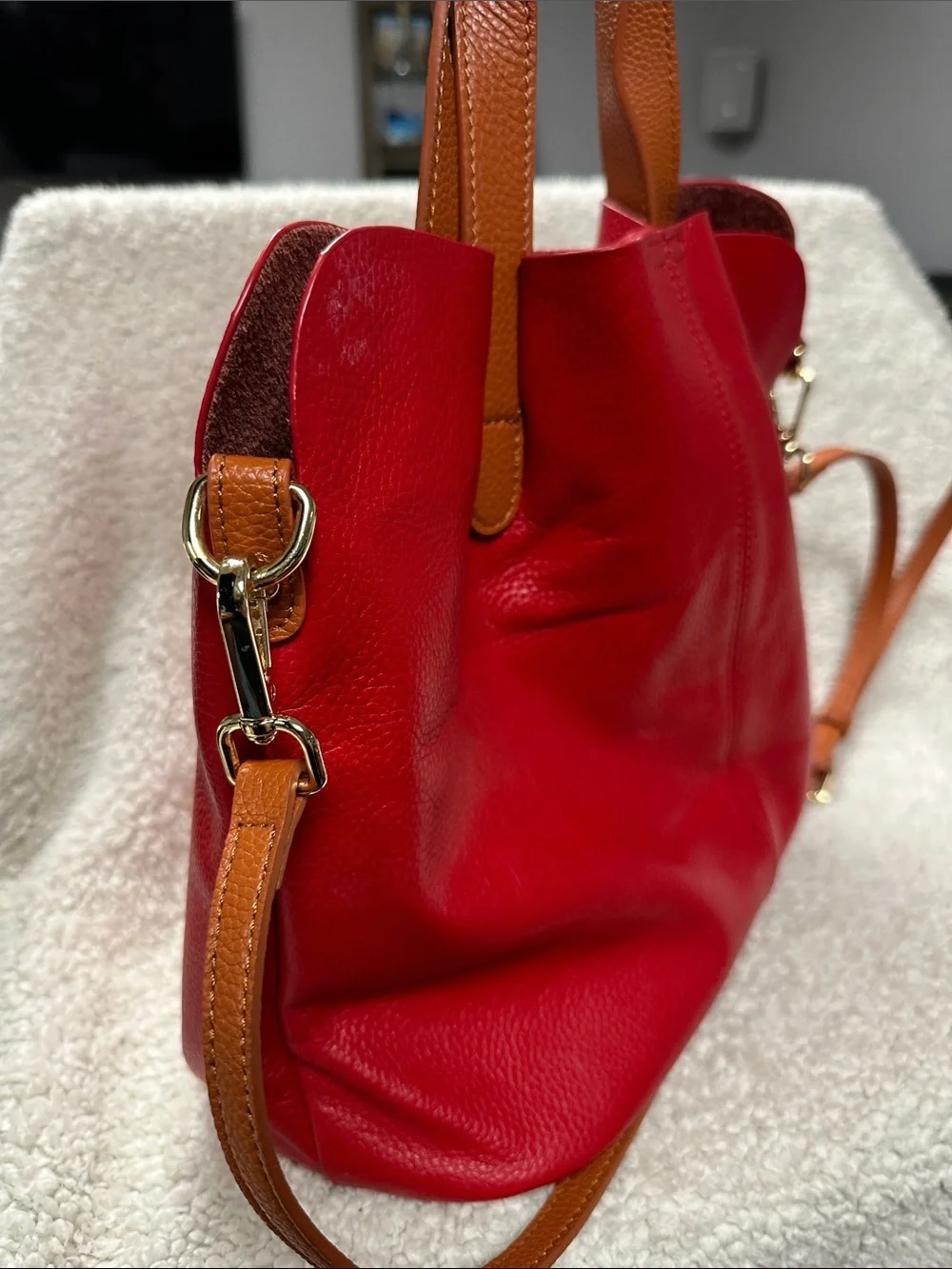 RED Genuine Leather  Commuter Handbag Tote Shoulder Crossbody, Removable Insert